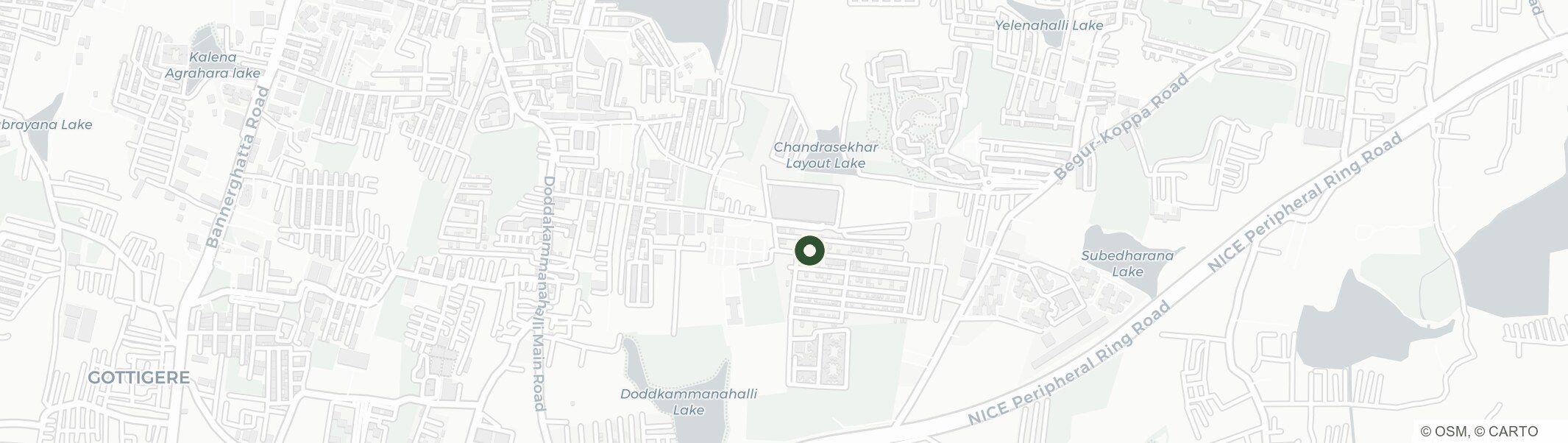 Map of south Bengaluru with a marker on the Medihomeo clinic in Akshayanagar, near Chandrasekhar Layout Lake